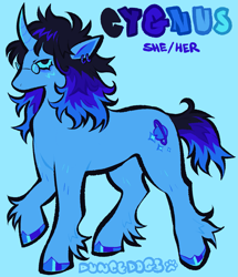 Size: 1561x1819 | Tagged: safe, artist:duncedogs, imported from derpibooru, oc, oc only, oc:cygnus (duncedogs), pony, unicorn, blue background, blue coat, blue mane, female, glasses, horn, leg fluff, mare, simple background, solo, unicorn oc, unshorn fetlocks