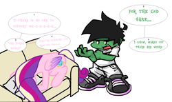 Size: 2040x1205 | Tagged: safe, artist:tankman, imported from derpibooru, princess cadance, oc, oc:anon, alicorn, human, pony, colored, couch, crying, princess yandance, speech bubble, vulgar, yandere