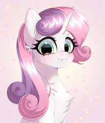 Size: 3500x4100 | Tagged: safe, artist:e-boi, imported from derpibooru, sweetie belle, pony, unicorn, blushing, bust, chest fluff, cute, diasweetes, ear fluff, female, horn, looking at you, mare, older, older sweetie belle, smiling, smiling at you