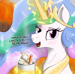 Size: 2520x2480 | Tagged: safe, artist:eels, imported from derpibooru, princess celestia, alicorn, pony, autumn, bronybait, coffee, crown, drink, drinking straw, female, food, implied anon, jewelry, latte, looking at you, magic, mare, offscreen character, peytral, pov, pumpkin spice latte, regalia, solo, talking to viewer, telekinesis, whipped cream