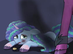 Size: 1178x883 | Tagged: safe, artist:addelum, imported from derpibooru, opaline arcana, alicorn, pony, unicorn, abuse, bruised, crying, duo, duo female, female, g5, horn, jewelry, mare, medallion, misty brightdawn, mistybuse, necklace, offscreen character, opabitch, sad, teary eyes