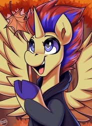 Size: 1875x2550 | Tagged: safe, artist:shadowreindeer, imported from derpibooru, oc, alicorn, alicorn oc, autumn, bust, horn, portrait, reward, solo, wings