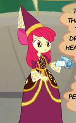 Size: 371x599 | Tagged: safe, artist:ponymaan, imported from derpibooru, apple bloom, human, equestria girls, for whom the sweetie belle toils, apple bloom's bow, bow, camera, clothes, costume, dress, gown, hair bow, hat, hennin, humanized, jewelry, necklace, princess, princess apple bloom