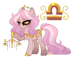 Size: 3237x2604 | Tagged: safe, artist:afterglory, imported from derpibooru, oc, oc only, unnamed oc, earth pony, pony, adoptable, armor, base used, blushing, brown eyes, brown pupils, colored eyebrows, colored pupils, ear blush, earth pony oc, eye clipping through hair, eyelashes, eyeshadow, female, for sale, gold eyeshadow, gold jewelry, halo, high res, hoof hold, hoof shoes, jewelry, leg markings, libra, lidded eyes, long mane, long tail, looking at something, looking down, makeup, mare, nose blush, pink mane, pink tail, ponified, princess shoes, raised hoof, scale, signature, simple background, smiling, smiling at something, solo, striped mane, striped tail, tail, tan coat, thick eyelashes, three quarter view, tiara, transparent background, wavy mane, wavy tail, zodiac