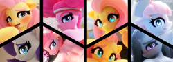 Size: 1620x580 | Tagged: safe, artist:snuddy, imported from twibooru, fluttershy, marble pie, nurse redheart, rarity, anthro, earth pony, pegasus, unicorn, 3d, ahegao, alternate hairstyle, blender, blushing, collage, ear piercing, earring, grin, hat, heart eyes, image, jewelry, latina pinkie pie, looking back, nervous, nervous grin, nurse hat, open mouth, piercing, png, shower, smiling, tongue out, wet, wet mane, wingding eyes