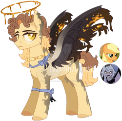 Size: 1920x1906 | Tagged: safe, artist:interstellar-quartz, imported from derpibooru, applejack, oc, pegasus, pony, adoptable, base used, crossover, crossover ship offspring, halo, interspecies offspring, lute (hazbin hotel), magical lesbian spawn, male, offspring, parent:applejack, parent:lute (hazbin hotel), simple background, stallion, transparent background