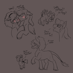 Size: 3000x3000 | Tagged: safe, artist:shamy-crist, imported from derpibooru, oc, oc only, earth pony, pegasus, female, filly, foal, kissing, male, mare, monochrome, stallion