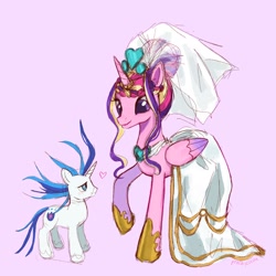 Size: 2048x2048 | Tagged: safe, artist:peachycocoa, imported from derpibooru, princess cadance, shining armor, alicorn, pony, unicorn, clothes, dress, duo, female, horn, male, meme, pink background, shiningcadance, shipping, simple background, size difference, straight, the bride and the ugly ass groom, wedding dress