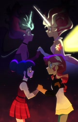 Size: 1095x1698 | Tagged: safe, artist:firemauer, artist:meow_boop, imported from derpibooru, sci-twi, sunset shimmer, twilight sparkle, equestria girls, crying, daydream shimmer, duo, female, midnight sparkle