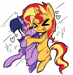 Size: 2010x2048 | Tagged: safe, artist:parappaya, imported from derpibooru, sunset shimmer, twilight sparkle, pony, unicorn, duo, duo female, eyes closed, female, horn, lesbian, open mouth, shipping, simple background, sunsetsparkle, white background