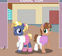 Size: 5000x4500 | Tagged: safe, artist:peternators, imported from derpibooru, star tracker, oc, oc:heroic armour, earth pony, pony, unicorn, alternate hairstyle, boots, clothes, colt, convention, cosplay, costume, crossdressing, crossplay, duo, foal, freckles, horn, looking at each other, looking at someone, male, ponytail, shirt, shoes, skirt, smiling, starcrossed, sweater, teenager, the fairly oddparents, trixie tang, veronica star