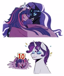 Size: 2200x2600 | Tagged: safe, artist:slapearl, imported from derpibooru, nightmare rarity, rarity, twilight sparkle, alicorn, pony, 10, eyes closed, female, holding, lesbian, lips, looking at each other, looking at someone, mare, open mouth, open smile, rarilight, shipping, sign, smiling, twilight sparkle (alicorn)