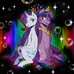 Size: 1400x1400 | Tagged: safe, artist:slapearl, imported from derpibooru, rarity, twilight sparkle, alicorn, pony, abstract background, alternate cutie mark, bubble, duo, duo female, female, itunes, lesbian, lips, mare, rarilight, shipping, smiling, twilight sparkle (alicorn)