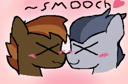 Size: 1089x716 | Tagged: safe, artist:sdsq, imported from derpibooru, button mash, rumble, earth pony, pegasus, pony, blushing, colt, foal, gay, heart, male, rumblemash, shipping, smooch