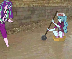 Size: 1532x1249 | Tagged: safe, artist:daazzlin, imported from derpibooru, aria blaze, sonata dusk, human, equestria girls, duo, duo female, equestria girls in real life, female, flood, irl, meme, photo, shovel