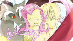 Size: 1920x1080 | Tagged: safe, artist:ninnn263, imported from derpibooru, discord, fluttershy, draconequus, pegasus, pony, colored sclera, discoshy, eyes closed, female, looking at someone, male, mare, red eyes, shipping, straight, yellow sclera