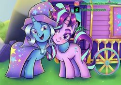 Size: 1600x1127 | Tagged: safe, artist:ttshiro, imported from derpibooru, starlight glimmer, trixie, pony, antagonist, duo, duo female, female, lesbian, redemption, shipping, startrix, trixie's wagon, wagon