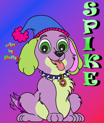 Size: 1748x2065 | Tagged: safe, artist:puffydearlysmith, imported from derpibooru, spike, dog, equestria girls, chest fluff, collar, cute, cute little fangs, fangs, gradient background, hat, male, party hat, rainbow rocks 10th anniversary, spikabetes, spike the dog, spiked collar, tail, tail wag, tongue out