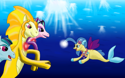 Size: 2560x1600 | Tagged: safe, artist:jack-varus, imported from derpibooru, adagio dazzle, aria blaze, princess skystar, sonata dusk, seapony (g4), siren, equestria girls, my little pony: the movie, bioluminescent, bubble, crepuscular rays, dorsal fin, female, fin, fin ears, fin wings, fins, fish tail, flowing mane, flowing tail, gem, high res, jewelry, lidded eyes, looking at each other, looking at someone, my little pony equestria girls: rainbow rocks, necklace, ocean, open mouth, open smile, pearl necklace, rainbow rocks 10th anniversary, scales, seashell, seashell necklace, siren gem, smiling, smiling at each other, sunlight, swimming, tail, underwater, water, wings