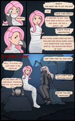 Size: 1620x2602 | Tagged: safe, artist:xeninara, imported from derpibooru, fluttershy, oc, human, bondage, bound, bound and gagged, canon x oc, captured, caught, cocoon, comic, damsel in distress, dialogue, dialogue box, digital art, encasement, female, fetish, fluttershy being fluttershy, gag, helpless, humanized, muffled words, mummification, mummified, peril, restrained, solo, spider web, tied, tied up, web gag, wrapped up