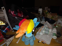 Size: 1222x913 | Tagged: safe, imported from derpibooru, rainbow dash, pegasus, alcohol, anonymous photographer, beer, female, flag, irl, mare, photo, ponydome, table