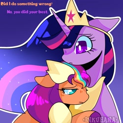 Size: 2048x2048 | Tagged: safe, artist:inkuhana, imported from derpibooru, sunny starscout, twilight sparkle, alicorn, earth pony, pony, consoling, crying, duo, floppy ears, g5, hug, sad, sunny and her heroine, teary eyes, twilight sparkle (alicorn)