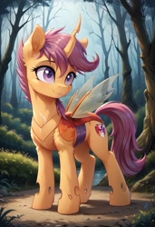 Size: 800x1169 | Tagged: safe, imported from derpibooru, apple bloom, scootaloo, sweetie belle, changedling, changeling, ai content, ai generated, changedlingified, cutie mark crusaders, female, forest, generator:pony diffusion v6 xl, generator:stable diffusion, mare, nature, prompter:gregorymars, scootaling, solo, species swap, tree