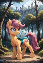 Size: 800x1169 | Tagged: safe, imported from derpibooru, apple bloom, scootaloo, sweetie belle, changedling, changeling, ai content, ai generated, changedlingified, cutie mark crusaders, female, forest, generator:pony diffusion v6 xl, generator:stable diffusion, mare, nature, prompter:gregorymars, scootaling, solo, species swap, tree