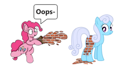 Size: 1176x642 | Tagged: safe, artist:bobthedalek, edit, imported from ponybooru, linky, pinkie pie, shoeshine, surprise, earth pony, accident, bipedal, brick booty, bricks, bucket, duo, female, mare, simple background, speech bubble, surprised, white background