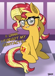 Size: 1538x2137 | Tagged: safe, artist:banquo0, imported from derpibooru, sunset shimmer, pony, unicorn, blushing, cute, dialogue, embarrassed, female, glasses, horn, nerd pony, shimmerbetes, sitting, smiling, solo, text