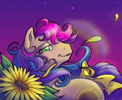 Size: 614x504 | Tagged: safe, artist:kiss-the-thunder, imported from derpibooru, oc, oc only, oc:sunflower (sourdoughstomper), earth pony, pony, 2012, bow, female, flower, g1, g1 oc, lidded eyes, looking at you, mare, petals, sunflower, sunset, tail, tail bow, windswept mane, windswept tail