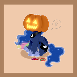 Size: 2000x2000 | Tagged: safe, artist:kathepart, imported from derpibooru, princess luna, alicorn, pony, auction, candies, candy, collar, commission, cute, dialogue, ethereal mane, exclamation point, female, food, halloween, holiday, hoof shoes, jewelry, lollipop, lunabetes, mare, question mark, regalia, solo, starry mane, starry tail, tail, ych example, ych result, your character here