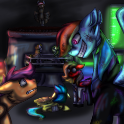 Size: 1695x1695 | Tagged: safe, artist:grimprotector, imported from derpibooru, rainbow dash, scootaloo, oc, oc:aurora dawn, oc:orion comet, oc:wooden toaster, pegasus, fanfic:rainbow factory, abstract background, fanfic art, group, looking at each other, looking at someone, pegasus device