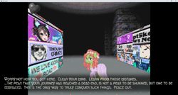 Size: 1920x1032 | Tagged: safe, imported from derpibooru, tree hugger, clothes, disillusion st (game), dress, female, floral head wreath, flower, lidded eyes, looking at you, mare, maze, motivation, positive ponies, talking to viewer, text, trippy, video game