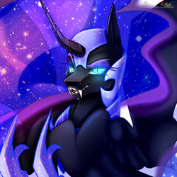 Size: 1000x1000 | Tagged: safe, artist:legendaryshadee, imported from derpibooru, nightmare moon, alicorn, pony, antagonist, big ears, blue eyes, blue mane, bust, crepuscular rays, curved horn, digital art, ethereal mane, eyeshadow, fangs, feather, female, flowing mane, glowing, glowing eyes, grin, hoof shoes, horn, lidded eyes, looking at you, makeup, mare, moonlight, night, peytral, portrait, princess shoes, smiling, smiling at you, smug, solo, sparkles, spread wings, starry mane, starry night, stars, teeth, villainess, wings