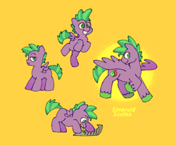 Size: 730x605 | Tagged: safe, artist:driftwoodpony, imported from derpibooru, spike, pegasus, pony, alternate name, colt, foal, grin, male, ponified, ponified spike, simple background, smiling, solo, species swap, spread wings, wings, yellow background