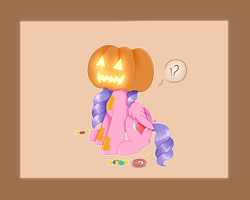 Size: 2500x2000 | Tagged: safe, artist:kathepart, imported from derpibooru, oc, oc only, oc:hearty love, alicorn, pony, candies, candy, commission, dialogue, exclamation point, food, halloween, holiday, interrobang, pumpkin, pumpkin head, question mark, sitting, solo, ych example, ych result, your character here