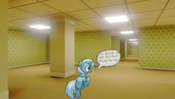 Size: 736x414 | Tagged: safe, artist:trixiebythefanverse, imported from derpibooru, trixie, pony, unicorn, dialogue, female, horn, mare, raised hoof, speech bubble, style clash, the backrooms