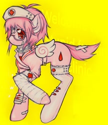 Size: 1771x2048 | Tagged: safe, artist:lexette7, imported from derpibooru, pony, anime style, bandage, bandaged leg, fake wings, female, glasses, mare, pink coat, pink mane, raised hoof, red eyes, simple background, solo, wings, yellow background