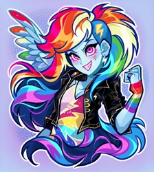 Size: 1288x1440 | Tagged: safe, artist:libbly_libby, imported from derpibooru, rainbow dash, human, equestria girls, alternate hairstyle, breasts, cleavage, female, grin, one wing out, outline, smiling, solo, white outline, wings