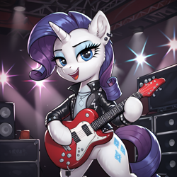 Size: 1024x1024 | Tagged: safe, imported from derpibooru, rarity, unicorn, ai content, ai generated, bipedal, clothes, dress, female, generator:pony diffusion v6 xl, generator:stable diffusion, guitar, horn, indoors, mare, musical instrument, prompter:thelight3d