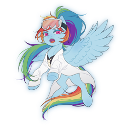 Size: 1500x1500 | Tagged: safe, artist:lawillowsea, imported from derpibooru, rainbow dash, pegasus, pony, clothes, female, goggles, lab coat, mare, open mouth, safety goggles, simple background, solo, spread wings, transparent background, wings