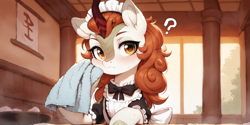 Size: 2400x1200 | Tagged: safe, imported from derpibooru, autumn blaze, kirin, pony, ai content, ai generated, bathroom, clothes, maid, maid headdress, prompter:greesys, question mark, solo, towel