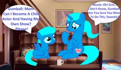 Size: 3872x2264 | Tagged: safe, artist:memeartboi, imported from derpibooru, pegasus, pony, unicorn, ask, asking, colt, confused, couch, cute, determination, duo, duo male and female, excited, female, foal, gumball watterson, heart, horn, little boy, living room, male, mare, mother, mother and child, mother and son, nervous, nicole watterson, pegasus wings, ponified, prequel, sitting, smiling, the amazing world of gumball, unicorn horn, wings, worried