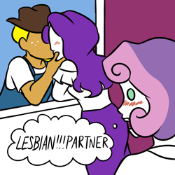 Size: 1080x1080 | Tagged: safe, artist:as-anecdotes, imported from derpibooru, applejack, rarity, sweetie belle, human, comic, cute, female, kissing, lesbian, rarijack, shipping, siblings, sisters, thought bubble