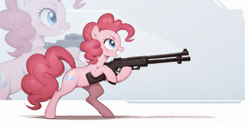 Size: 2400x1200 | Tagged: safe, imported from derpibooru, pinkie pie, earth pony, pony, ai content, ai generated, battle stance, female, gun, mare, prompter:greesys, shotgun, solo, weapon