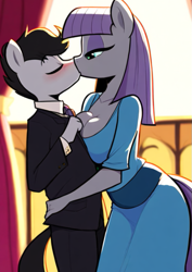 Size: 513x725 | Tagged: safe, imported from derpibooru, prompter:genderface, maud pie, mudbriar, anthro, earth pony, ai content, ai generated, big breasts, blushing, breasts, busty maud pie, clothes, dress, duo, eyes closed, female, generator:novelai, generator:stable diffusion, indoors, kissing, lowres, male, maudbriar, shipping, smiling, straight