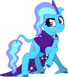 Size: 1009x1152 | Tagged: safe, artist:prixy05, imported from derpibooru, trixie, classical unicorn, pony, unicorn, series:magic forest, cloven hooves, female, hooded cape, horn, leonine tail, mare, simple background, solo, transparent background, unshorn fetlocks, vector