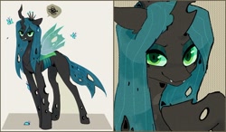 Size: 1280x747 | Tagged: safe, artist:tikovka_pumpkin, imported from derpibooru, queen chrysalis, changeling, changeling queen, bust, fangs, female, full body, looking at you, smiling, solo