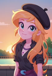 Size: 832x1216 | Tagged: safe, imported from derpibooru, oc, oc only, human, equestria girls, ai content, ai generated, beret, blushing, cute, generator:pony diffusion v6 xl, generator:stable diffusion, hat, lake, looking at you, prompter:harvydraws, smiling, smiling at you, solo, sunset, tree, water